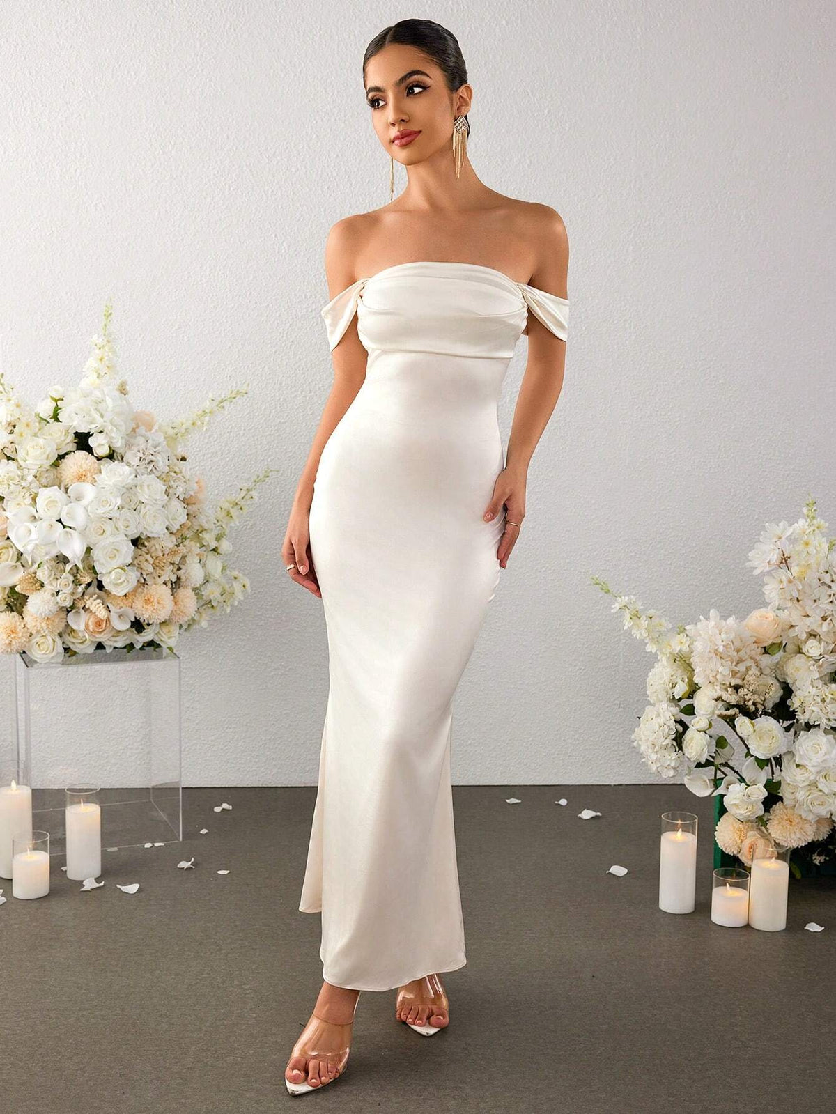 PARTHEA Off Shoulder Ruched Satin Elegant Dress