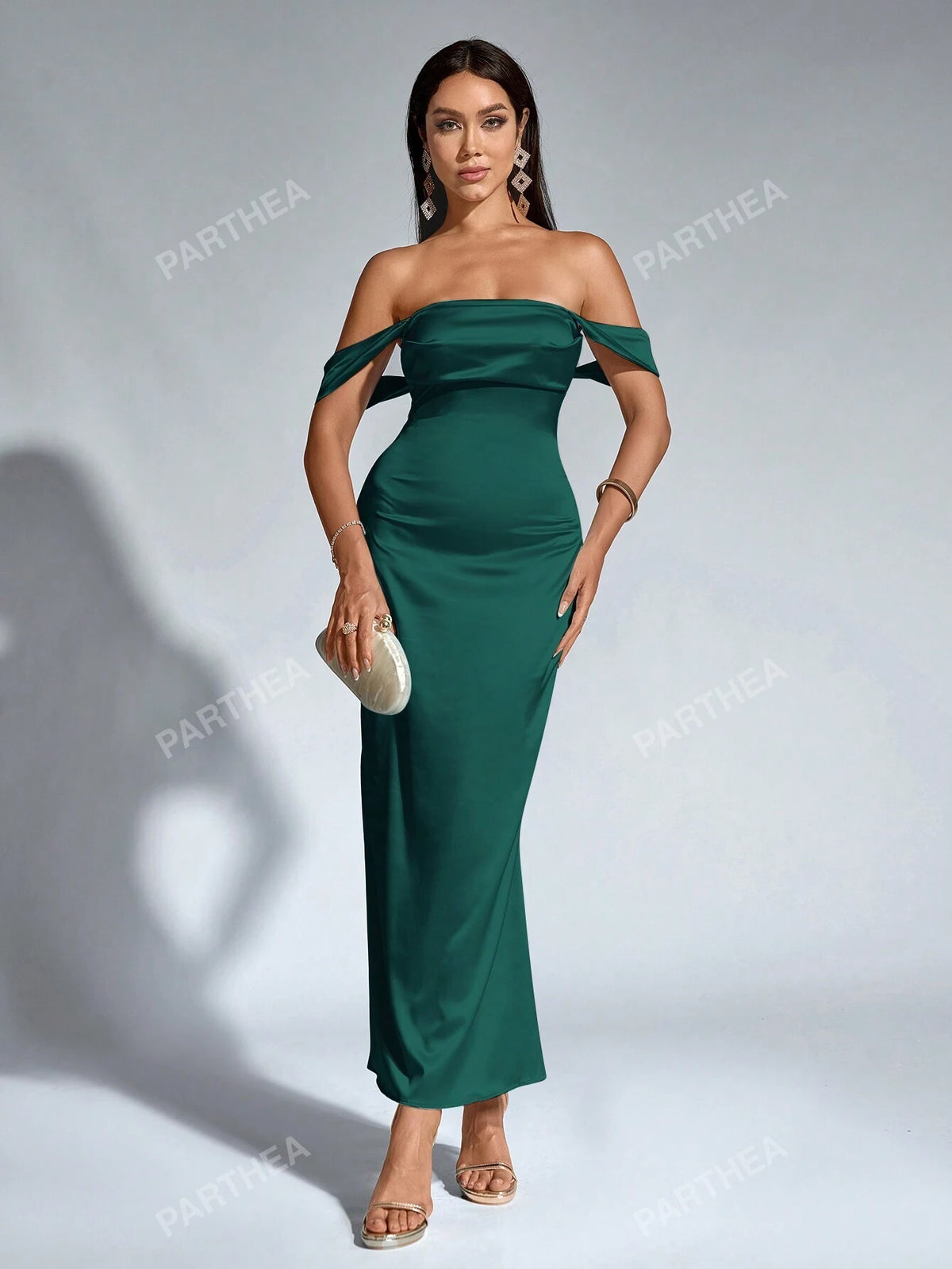 PARTHEA Off Shoulder Ruched Satin Elegant Dress