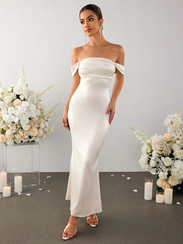 PARTHEA Off Shoulder Ruched Satin Elegant Dress