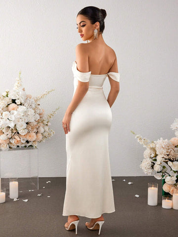 PARTHEA Off Shoulder Ruched Satin Elegant Dress