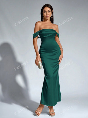 PARTHEA Off Shoulder Ruched Satin Elegant Dress