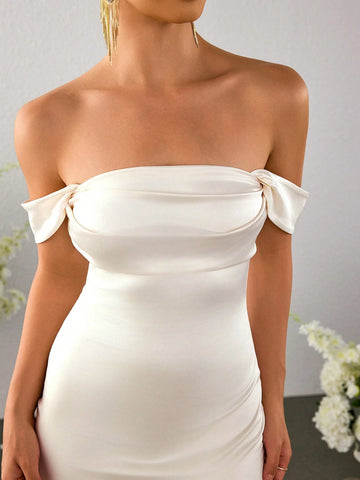 PARTHEA Off Shoulder Ruched Satin Elegant Dress