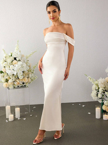 PARTHEA Off Shoulder Ruched Satin Elegant Dress