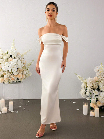 PARTHEA Off Shoulder Ruched Satin Elegant Dress
