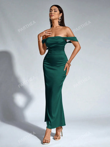 PARTHEA Off Shoulder Ruched Satin Elegant Dress