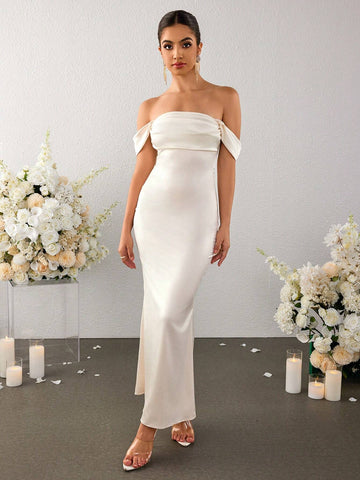 PARTHEA Off Shoulder Ruched Satin Elegant Dress