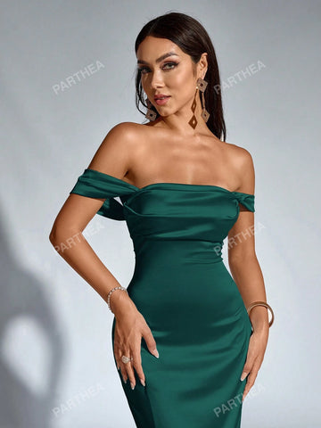 PARTHEA Off Shoulder Ruched Satin Elegant Dress