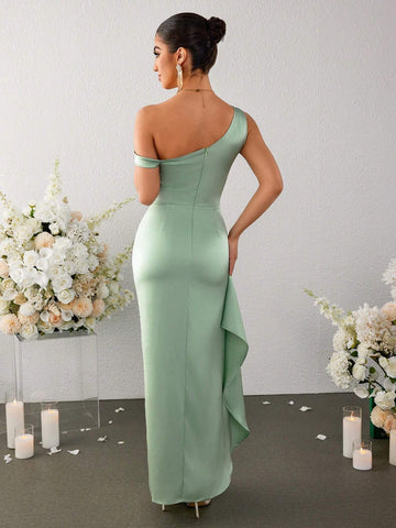 PARTHEA Off Shoulder Side Ruffles Hem Split Thigh Ruched Boning Satin Corset Bodycon Dress