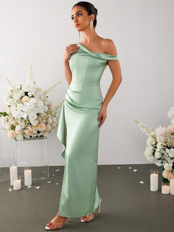 PARTHEA Off Shoulder Side Ruffles Hem Split Thigh Ruched Boning Satin Corset Bodycon Dress