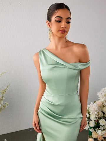 PARTHEA Off Shoulder Side Ruffles Hem Split Thigh Ruched Boning Satin Corset Bodycon Dress