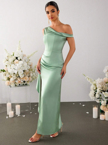 PARTHEA Off Shoulder Side Ruffles Hem Split Thigh Ruched Boning Satin Corset Bodycon Dress