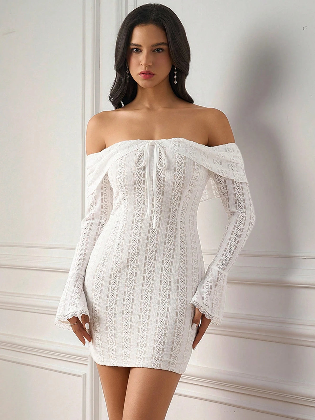 PARTHEA Off Shoulder Tie Ruffles Trim Bodycon Ruched Lace Dress