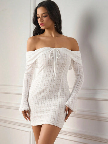 PARTHEA Off Shoulder Tie Ruffles Trim Bodycon Ruched Lace Dress