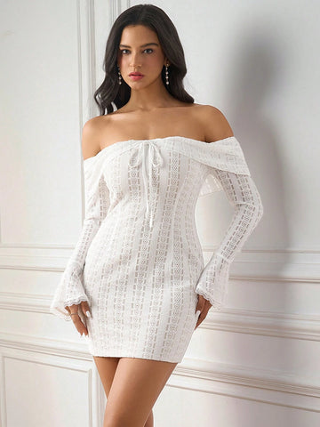 PARTHEA Off Shoulder Tie Ruffles Trim Bodycon Ruched Lace Dress