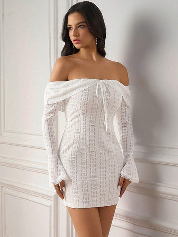 PARTHEA Off Shoulder Tie Ruffles Trim Bodycon Ruched Lace Dress