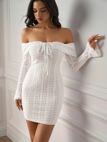 PARTHEA Off Shoulder Tie Ruffles Trim Bodycon Ruched Lace Dress