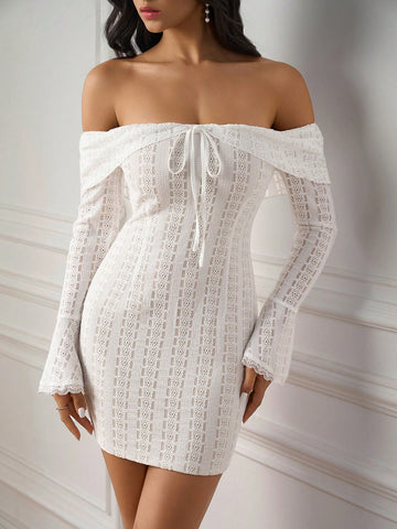 PARTHEA Off Shoulder Tie Ruffles Trim Bodycon Ruched Lace Dress