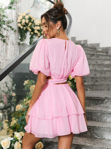 PARTHEA Puff Sleeve Cut Out Waist Two Layer Hem Mesh Dress