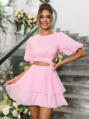 PARTHEA Puff Sleeve Cut Out Waist Two Layer Hem Mesh Dress