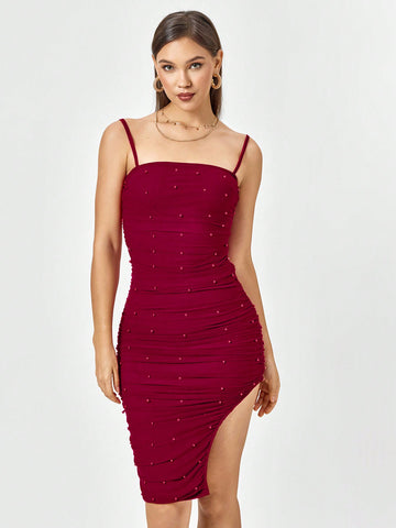 PARTHEA Ruched Beade Side Split Mesh Bodycon Cami Dress