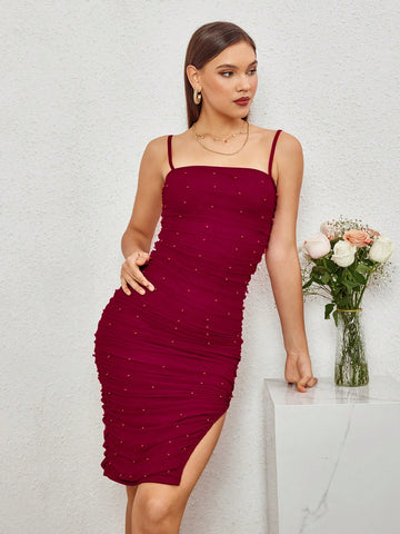 PARTHEA Ruched Beade Side Split Mesh Bodycon Cami Dress