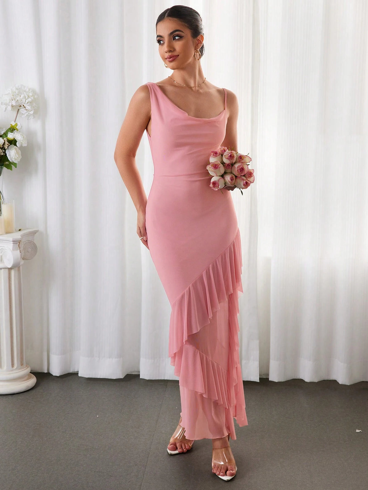 PARTHEA Ruffles Hem Split Thigh Mesh Long Dress