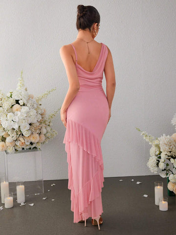 PARTHEA Ruffles Hem Split Thigh Mesh Long Dress