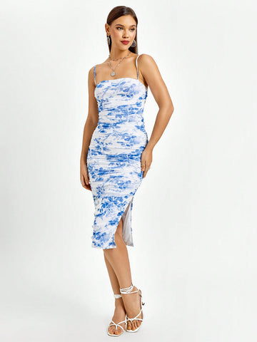 PARTHEA Side Split Thigh Ruched Print Mesh Bodycon Dress