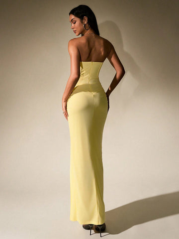 PARTHEA Split Thigh Boning Ruched Mesh Corset Tube Dress