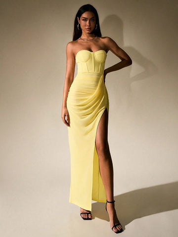 PARTHEA Split Thigh Boning Ruched Mesh Corset Tube Dress