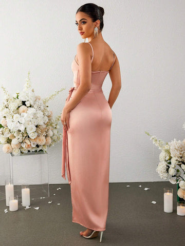 PARTHEA Split Thigh Tie Ruched Boning Corset Bodycon Dress