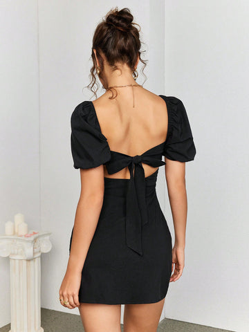 PARTHEA Square Neck Puff Sleeve Lace Spliced Ruched Dress