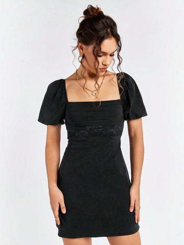 PARTHEA Square Neck Puff Sleeve Lace Spliced Ruched Dress