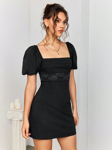 PARTHEA Square Neck Puff Sleeve Lace Spliced Ruched Dress