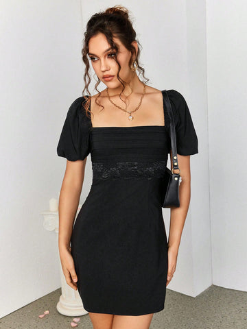 PARTHEA Square Neck Puff Sleeve Lace Spliced Ruched Dress