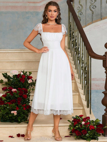 PARTHEA Square Neck Ruched Bust Lace Trim Dress
