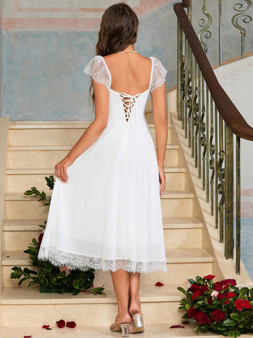PARTHEA Square Neck Ruched Bust Lace Trim Dress