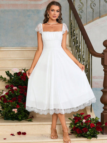 PARTHEA Square Neck Ruched Bust Lace Trim Dress