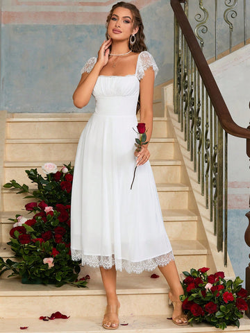 PARTHEA Square Neck Ruched Bust Lace Trim Dress