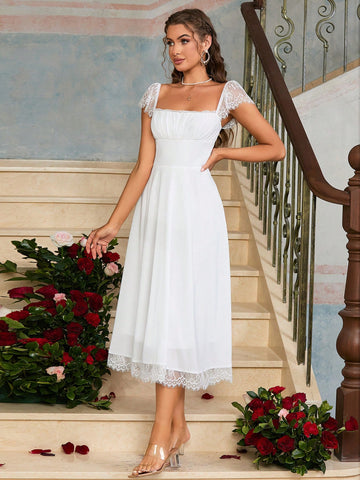 PARTHEA Square Neck Ruched Bust Lace Trim Dress