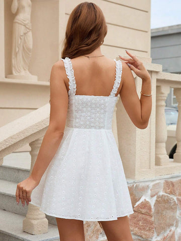 PARTHEA Tie Front Backless Smocking Ruffles Trim Ruched Bodycon Cami Embroidery Dress