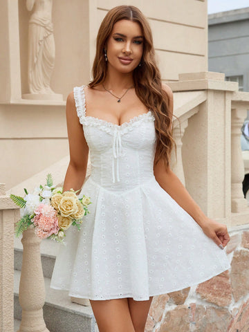 PARTHEA Tie Front Backless Smocking Ruffles Trim Ruched Bodycon Cami Embroidery Dress