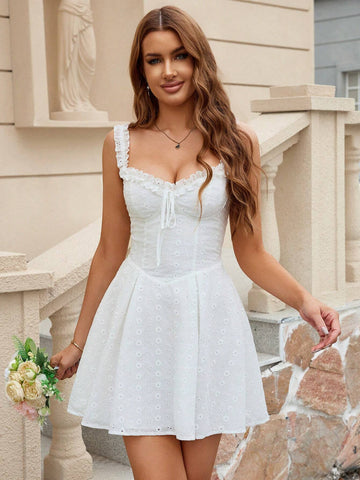 PARTHEA Tie Front Backless Smocking Ruffles Trim Ruched Bodycon Cami Embroidery Dress