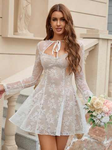 PARTHEA Tie Front Cut Out Contrast Bodycon Ruched Lace Bell Sleeve Dress