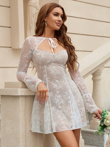 PARTHEA Tie Front Cut Out Contrast Bodycon Ruched Lace Bell Sleeve Dress