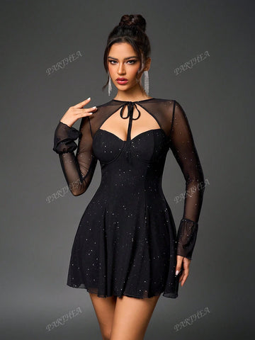 PARTHEA Tie Front Cut Out Ruched Bodycon Sequin Mesh Dress