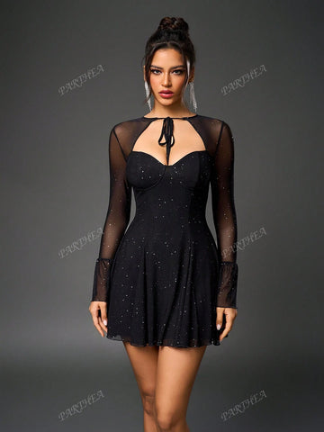 PARTHEA Tie Front Cut Out Ruched Bodycon Sequin Mesh Dress