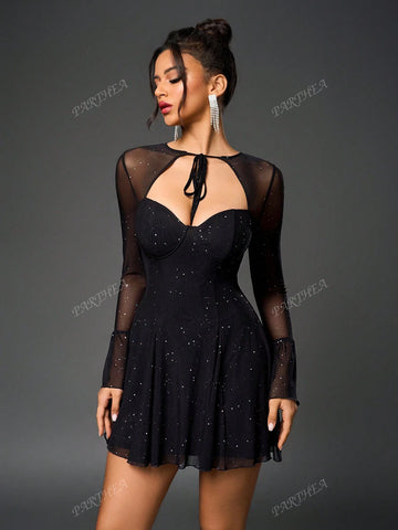 PARTHEA Tie Front Cut Out Ruched Bodycon Sequin Mesh Dress