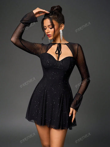 PARTHEA Tie Front Cut Out Ruched Bodycon Sequin Mesh Dress