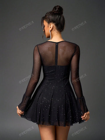 PARTHEA Tie Front Cut Out Ruched Bodycon Sequin Mesh Dress